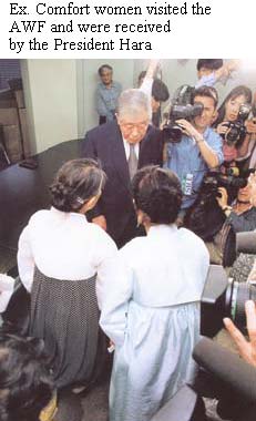 Ex. Comfort women visited the AWF and were received by the President Hara