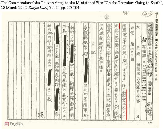 The Commander of the Taiwan Army to the Minister of War "On the Travellors Sent to South",  March 12, 1942, 'Shiryoshusei', Vol. II, pp. 203-204.